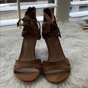 Brown suede lace-up wedges
